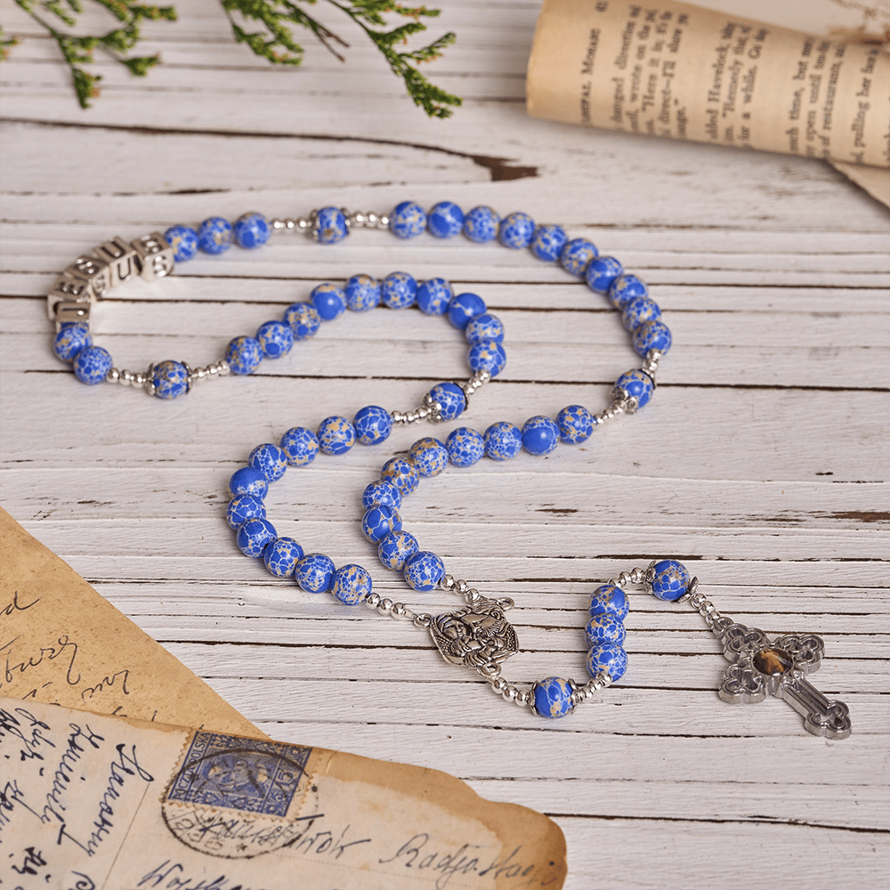 Christianartworkshop Regal Blue Emperor Stone Rosary with Holy Family & Divine Mercy Cross - image 3