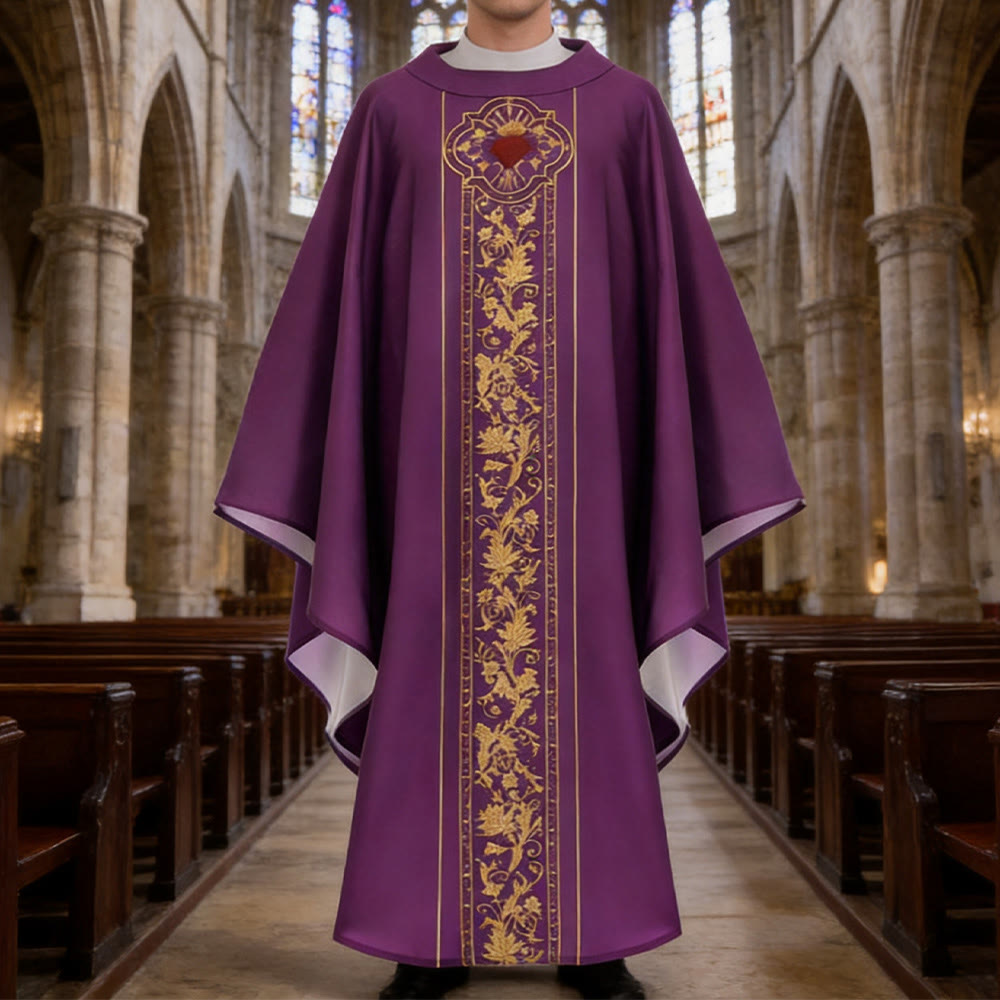 Christianartworkshop Chasuble With Sacred Heart Crest And Floral Vine Embroidery Chasuble - Purple - One Size FIts Most - image 9