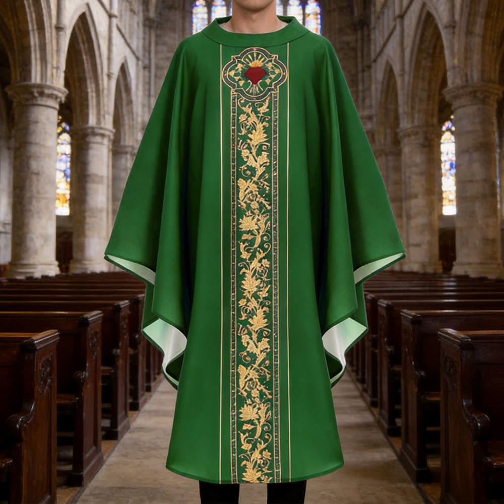 Christianartworkshop Chasuble With Sacred Heart Crest And Floral Vine Graphic Chasuble - Green - One Size FIts Most - image 0
