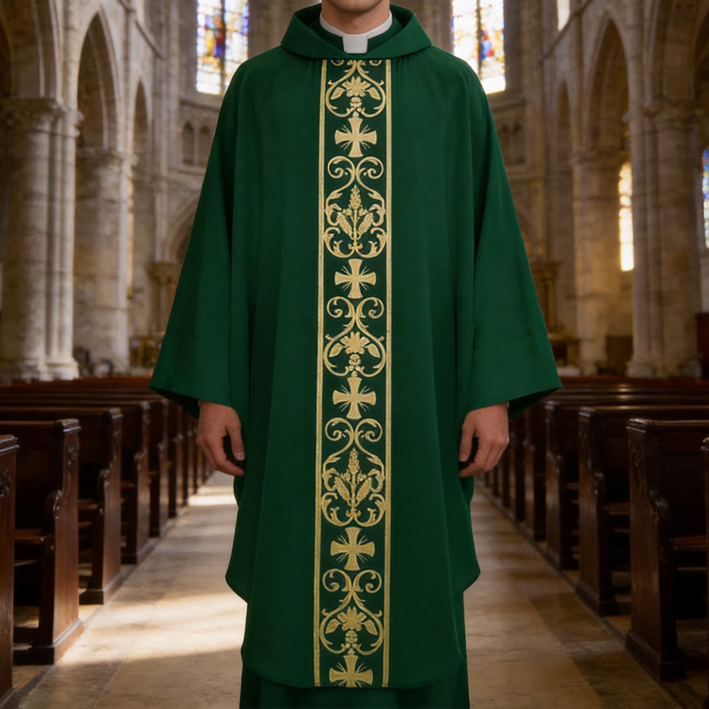 Christianartworkshop Elegant Chasuble With Central Cross, Floral Vine And Wheat Chasuble - Green - One Size FIts Most - image 6