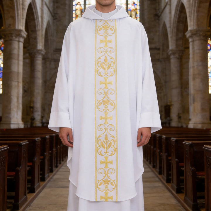 Christianartworkshop Elegant Chasuble With Central Cross, Floral Vine And Wheat Embroidery Chasuble - White - One Size FIts Most - image 0