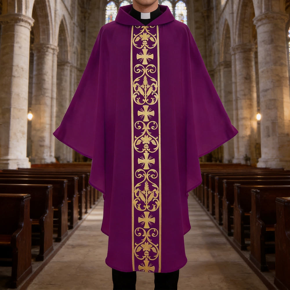 Christianartworkshop Elegant Chasuble With Central Cross, Floral Vine And Wheat Chasuble - Purple - One Size FIts Most - image 13