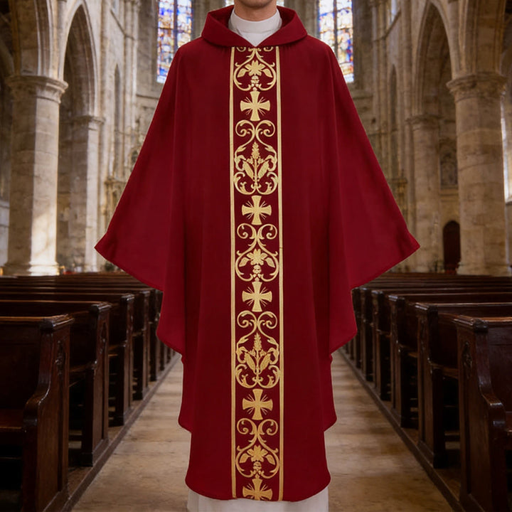 Christianartworkshop Elegant Chasuble With Central Cross, Floral Vine And Wheat Embroidery Chasuble - Red - One Size FIts Most - image 10