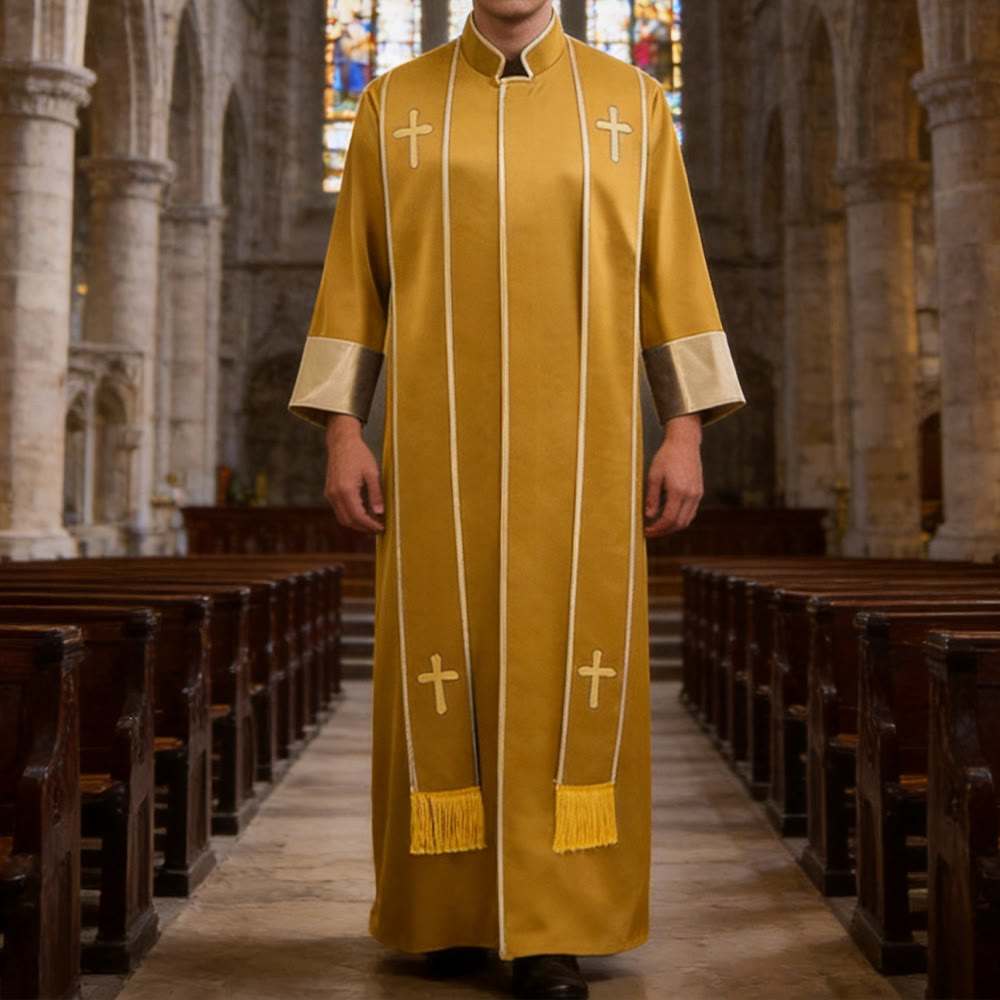 Christianartworkshop Traditional Pastor Robe With Vertical Cross Accents And Sleeve Trim Clergy Robe - Yellow - 3XL - image 28