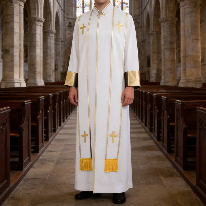Christianartworkshop Traditional Pastor Robe With Vertical Cross Accents And Sleeve Trim Clergy Robe - White - 3XL - image 15
