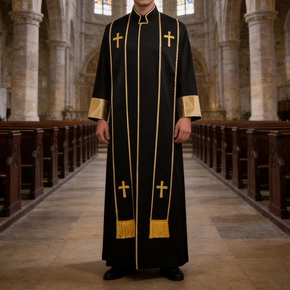 Christianartworkshop Traditional Pastor Robe With Vertical Cross Accents And Sleeve Trim Clergy Robe - Black - 3XL - image 6