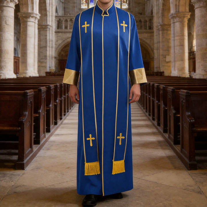 Christianartworkshop Traditional Pastor Robe With Vertical Cross Accents And Sleeve Trim Clergy Robe - Blue - 3XL - image 12