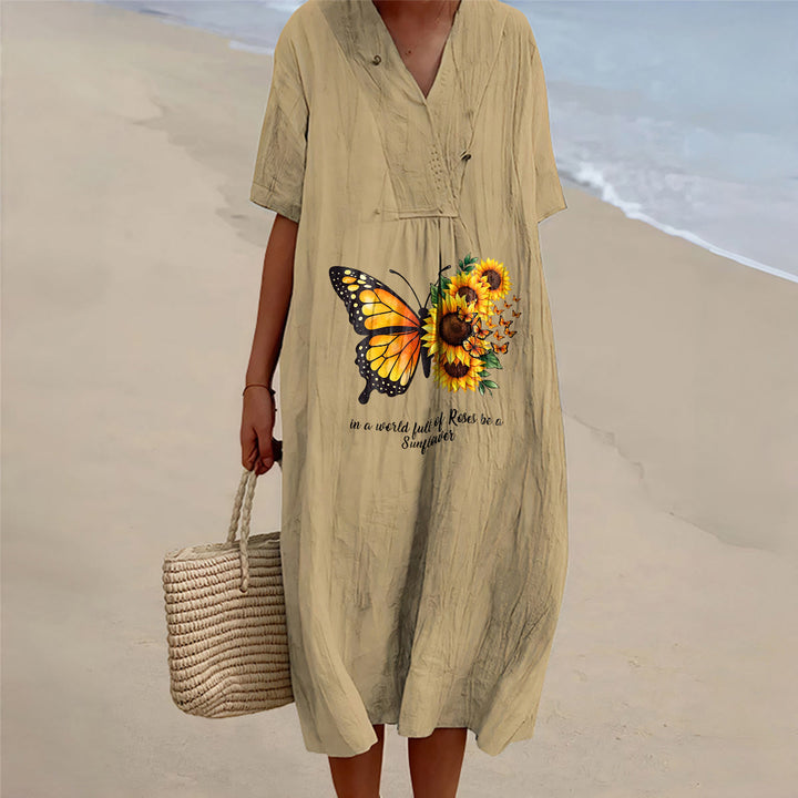 Christianartworkshop Butterfly & Sunflower Inspirational Quote V-Neck Short Sleeve Midi Dress - Khaki - 4XL - image 6