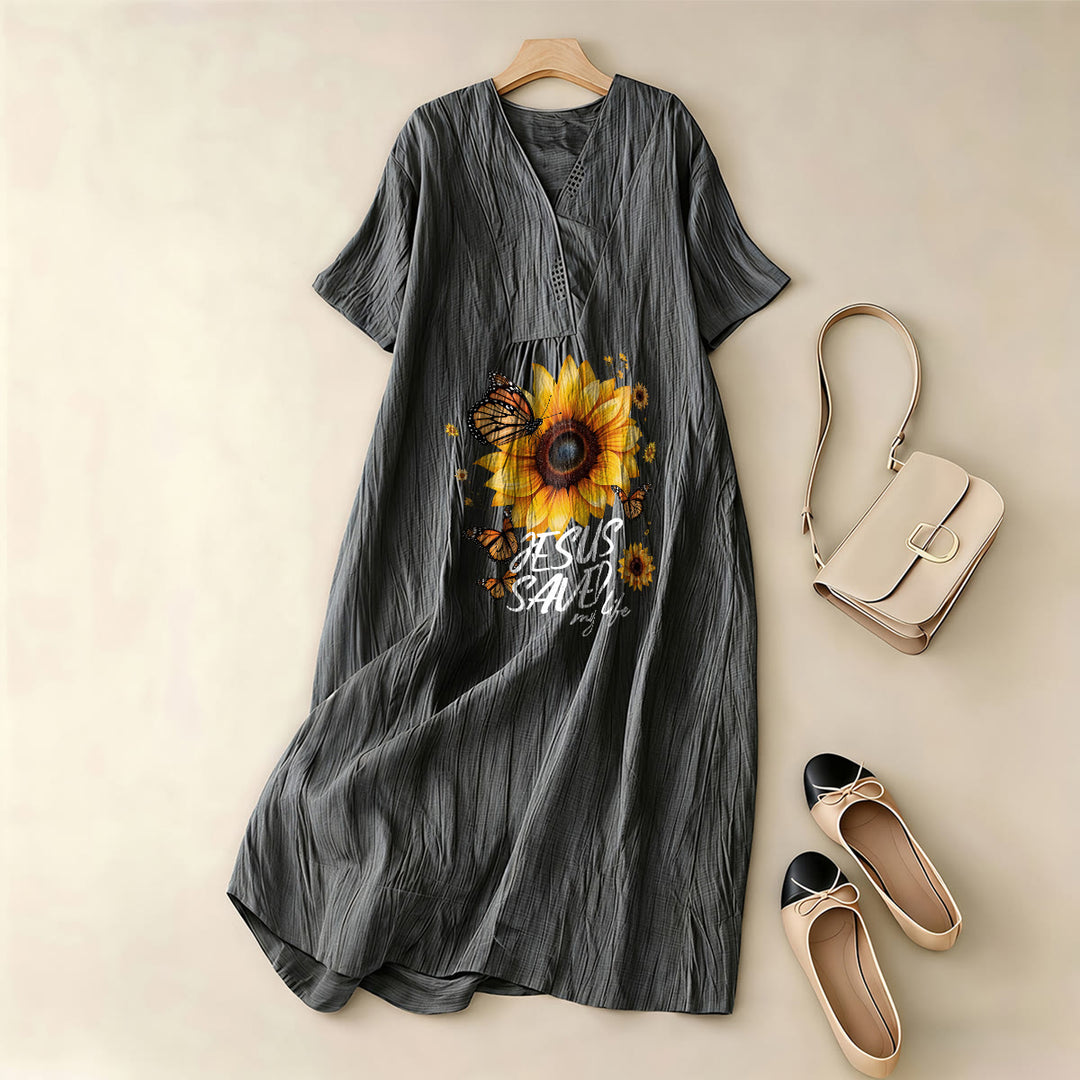 Christianartworkshop "Jesus Saved My Life" Sunflower & Butterfly V-Neck Short Sleeve Midi Dress - image 5