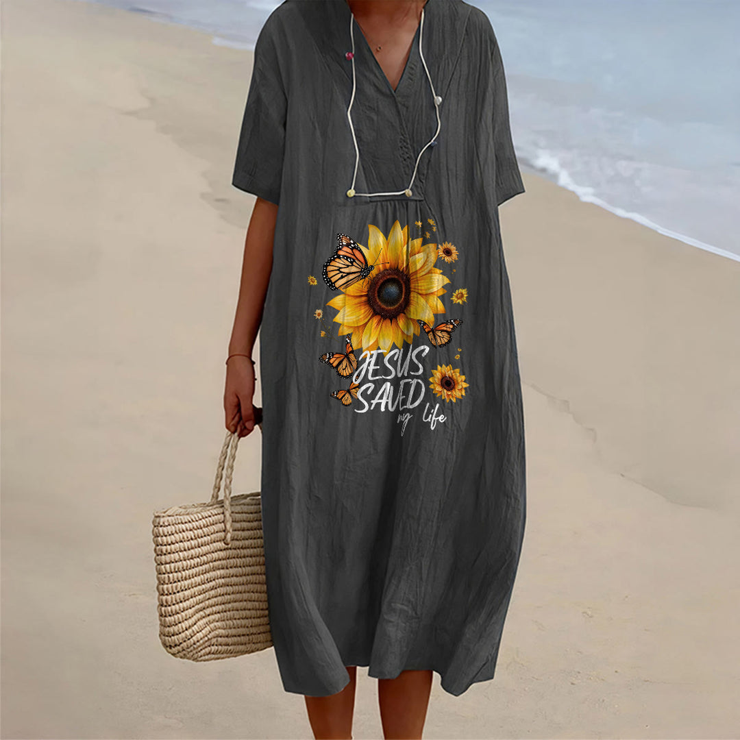 Christianartworkshop "Jesus Saved My Life" Sunflower & Butterfly V-Neck Short Sleeve Midi Dress - Black - 4XL - image 4