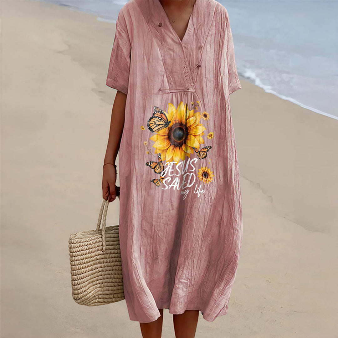 Christianartworkshop "Jesus Saved My Life" Sunflower & Butterfly V-Neck Short Sleeve Midi Dress - Pink - 4XL - image 10