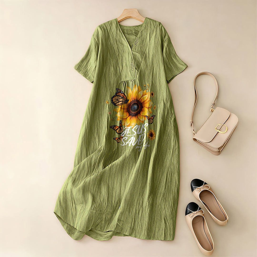Christianartworkshop "Jesus Saved My Life" Sunflower & Butterfly V-Neck Short Sleeve Midi Dress - image 1