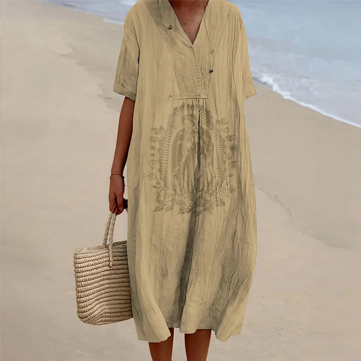 Christianartworkshop Our Lady of Guadalupe Silhouette V-Neck Short Sleeve Midi Dress - Khaki - 4XL - image 6