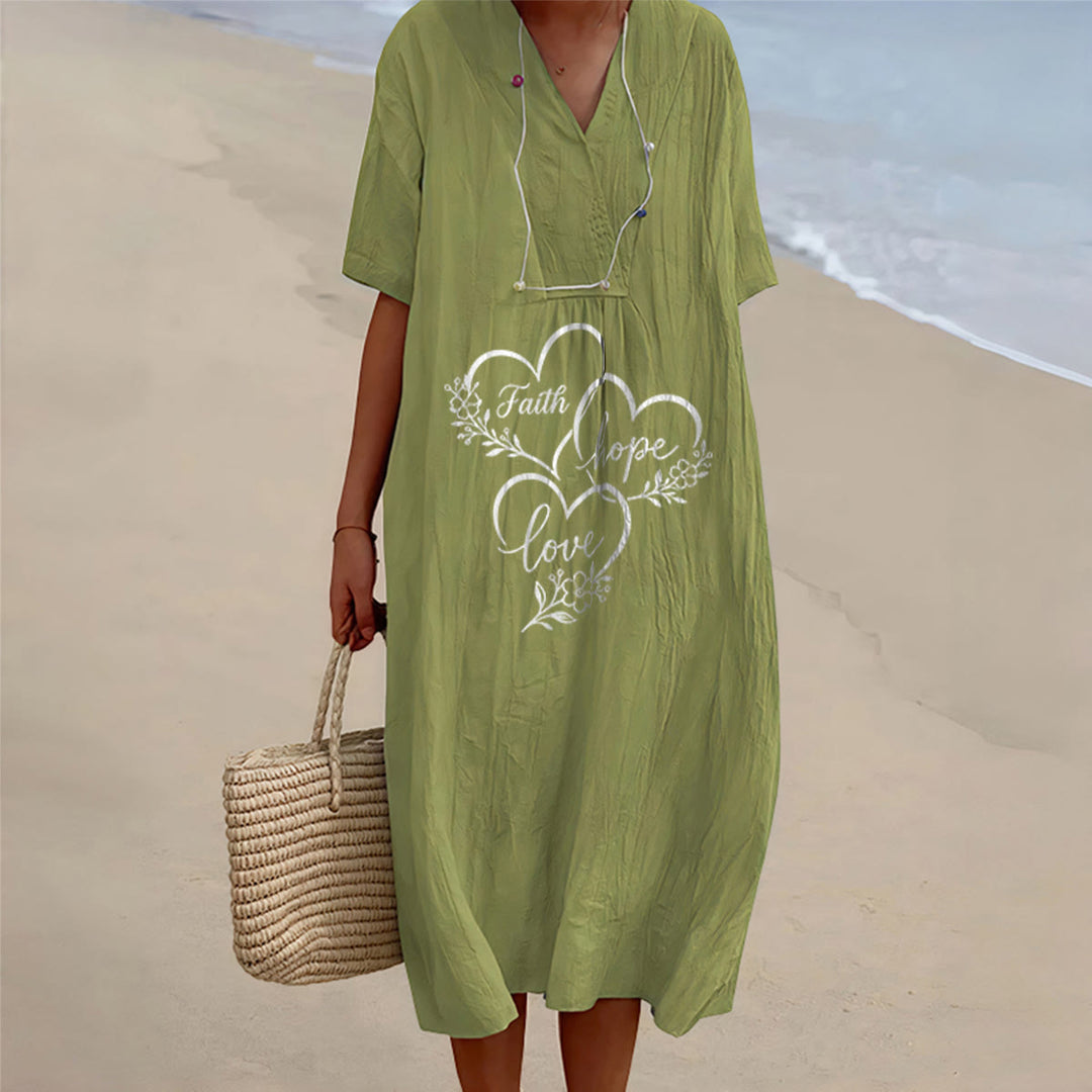 Christianartworkshop Floral Heart "Faith Hope Love" Print V-Neck Short Sleeve Midi Dress - Olive Green - 4XL - image 10