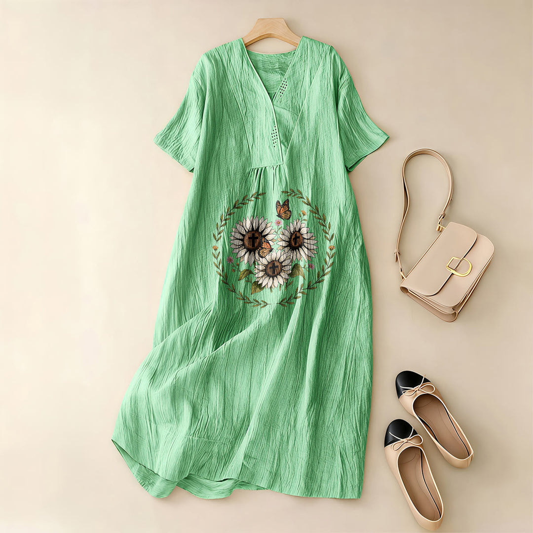 Christianartworkshop Devotional Sunflower Cross & Butterfly Wreath V-Neck Short Sleeve Midi Dress - image 7