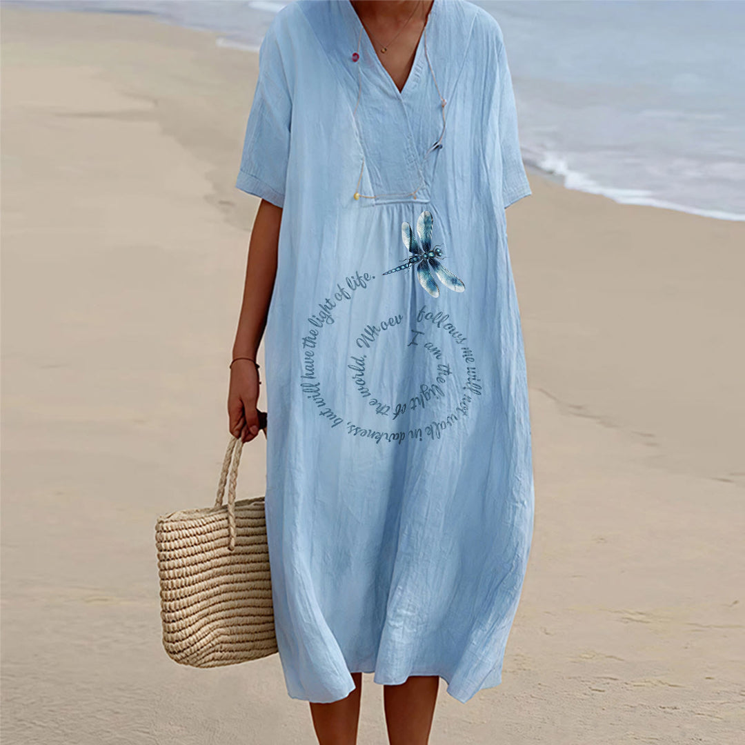 Christianartworkshop Relaxed Fit Dragonfly & Inspirational Verse V-Neck Short Sleeve Midi Dress - Blue - 4XL - image 0