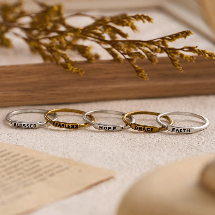 Christianartworkshop Refined Stackable Ring Set with Engraved BLESSED/FAITH/HOPE Text: An Emblem of Quiet Devotion - Set of 5 rings（US 6.5） - image 0