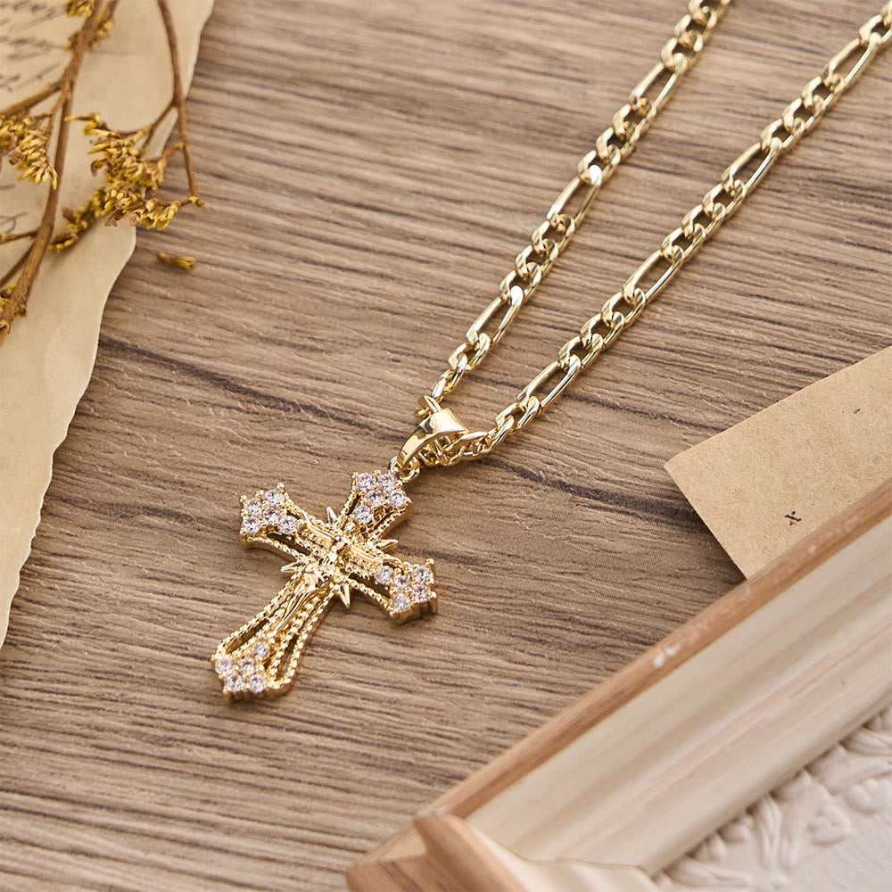 Christianartworkshop Ornate Zircon Crucifix Pendant Necklace with Figaro Chain: A Symbol of Sacred Devotion - image 2