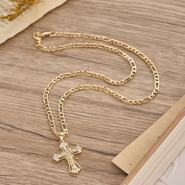 Christianartworkshop Ornate Zircon Crucifix Pendant Necklace with Figaro Chain: A Symbol of Sacred Devotion - image 4