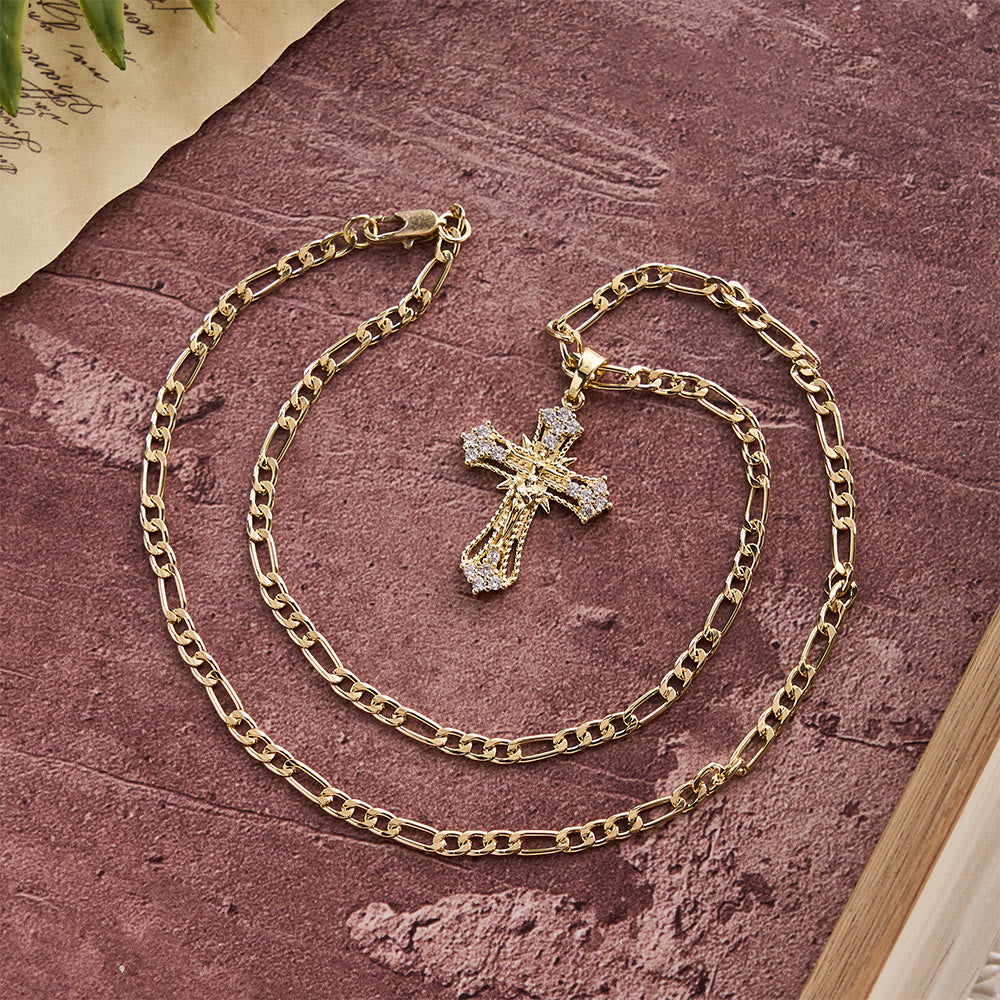Christianartworkshop Ornate Zircon Crucifix Pendant Necklace with Figaro Chain: A Symbol of Sacred Devotion - image 1