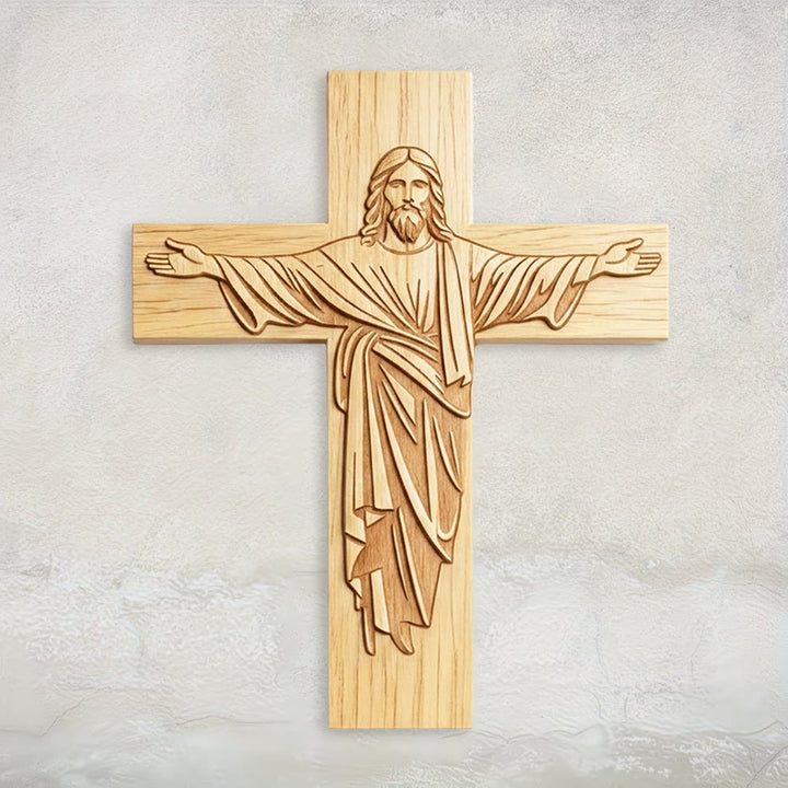 Christianartworkshop Classic Minimalist Jesus Cross Wood Plaque with Open-Arms Design: A Timeless Emblem of Devotion - 15.75''*19.69''*0.2''/40*50*0.5cm - image 0