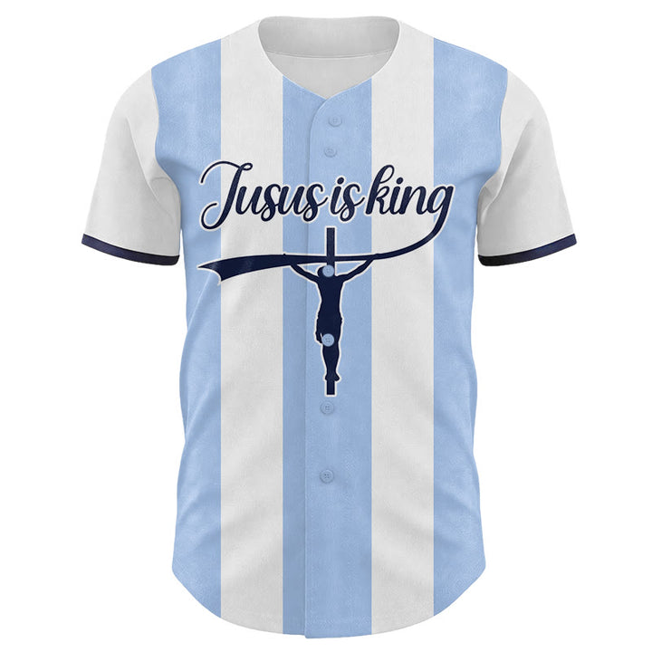 Christianartworkshop Custom Name Number "Jesus Is King" Cross Print Striped Baseball Jersey - image 1