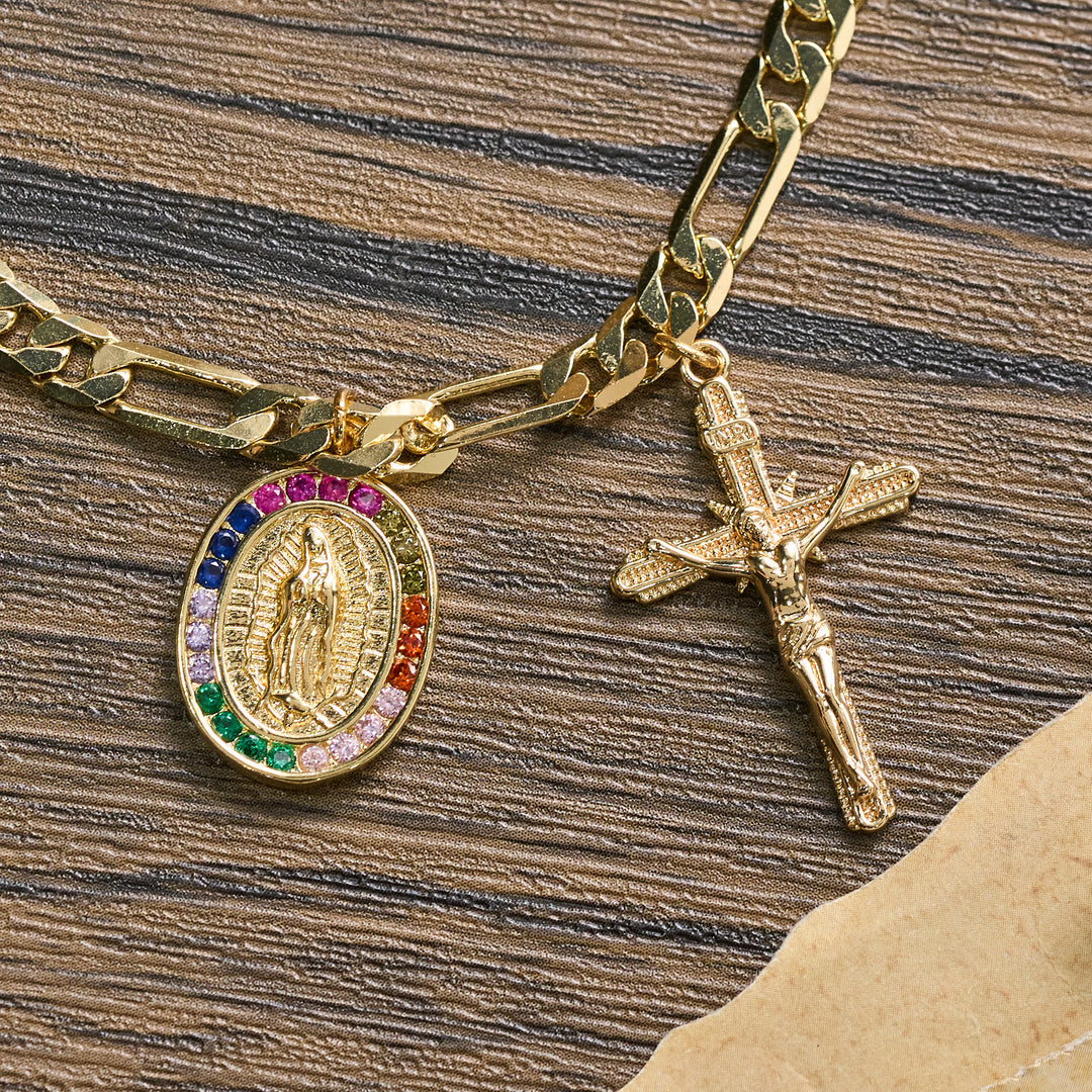 Christianartworkshop Figaro Chain Guadalupe Medal Bracelet with Rhinestone Border & Crucifix Charm - image 9