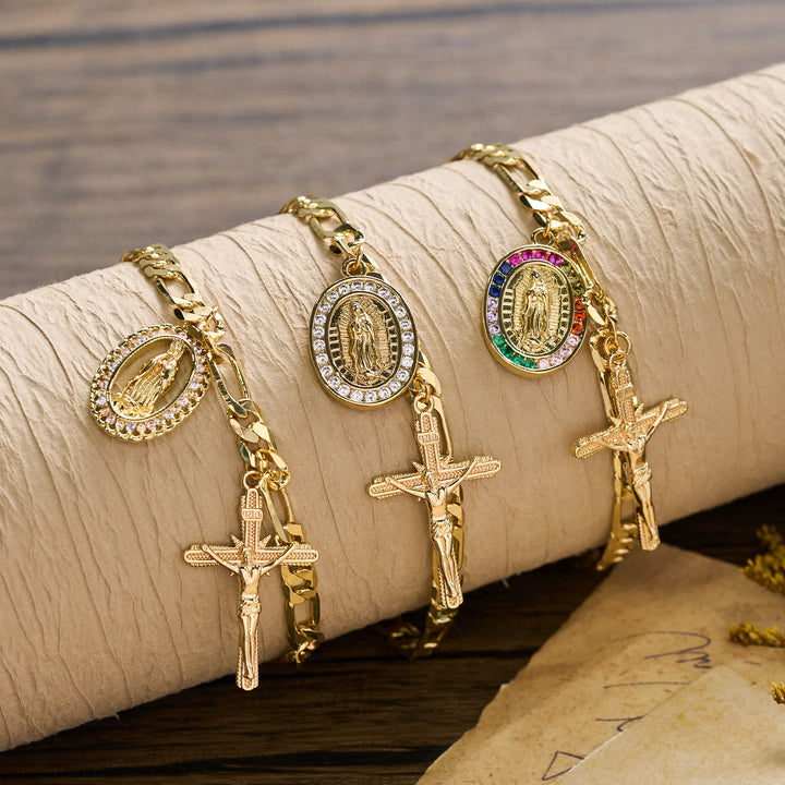 Christianartworkshop Figaro Chain Guadalupe Medal Bracelet with Rhinestone Border & Crucifix Charm - image 0