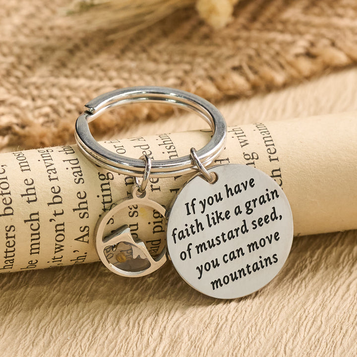 Christianartworkshop Mustard Seed Keychain with Engraved Faith Scripture & Hollow Mountain Charm - image 2