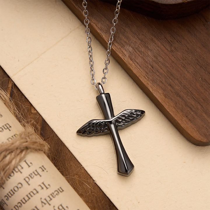 Christianartworkshop Textured Angel Wing Cross Pendant Necklace in Three Finishes: A Symbol of Divine Guardian Love - Black - image 0