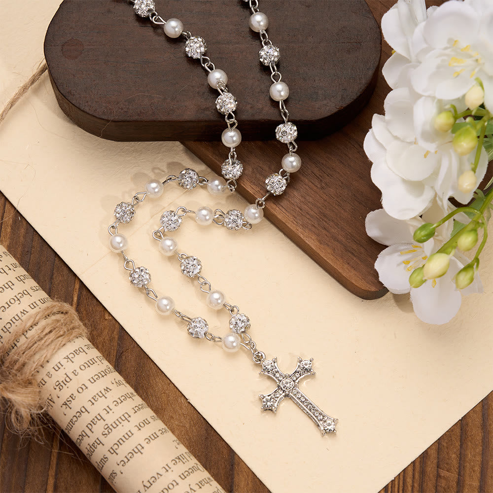 Christianartworkshop Alternating Pearl & Pave Crystal Bead Rosary-Style Cross Necklace: A Symbol of Sacred Devotion - image 1