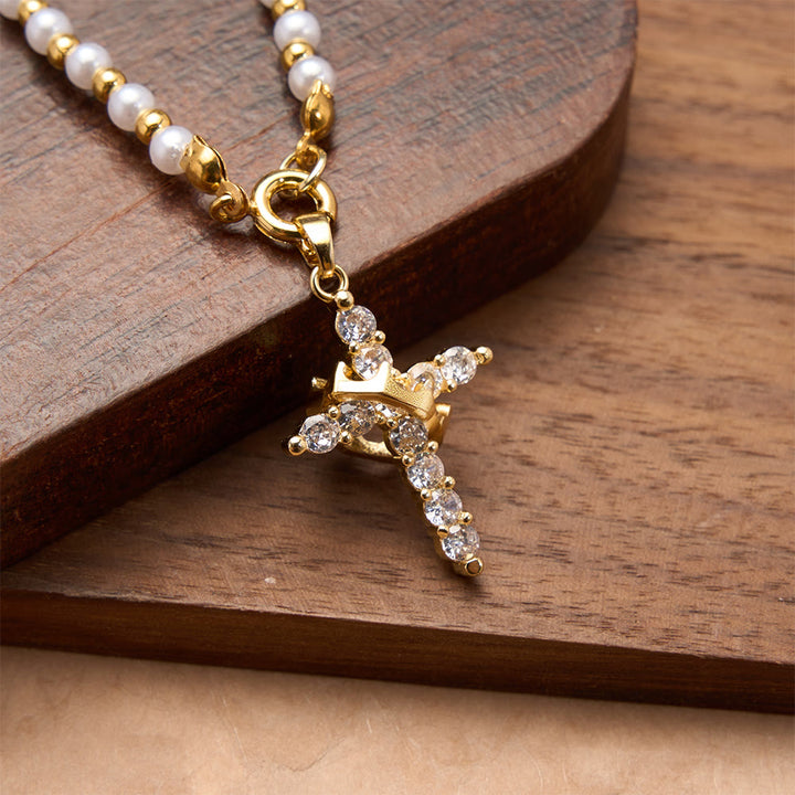 Christianartworkshop Two-Style Beaded Cross Necklace with Full-Pavé Zircon Crown Cross Pendant: A Symbol of Royal Divine Grace - White - image 6
