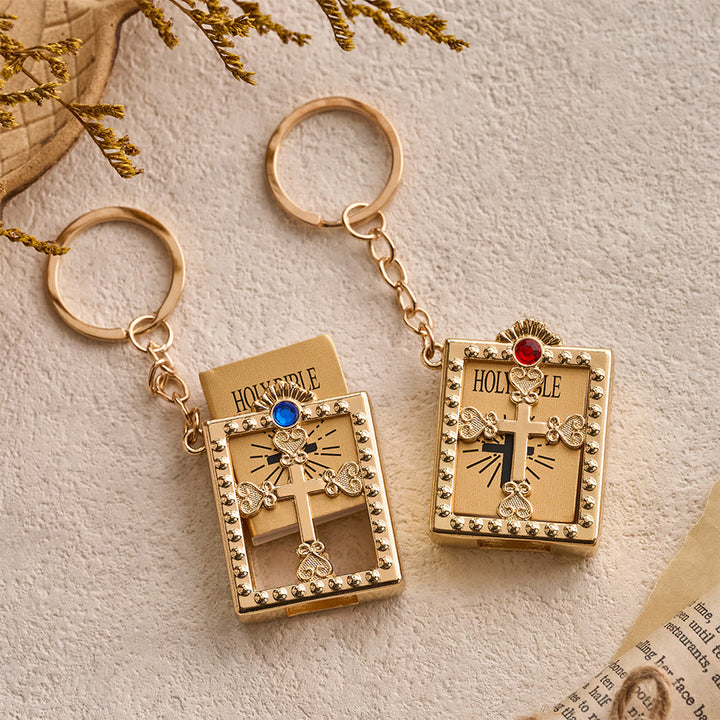 Christianartworkshop Hollow Heart-Cross Framed Mini Bible Keychain with Top Inlaid Zircon: A Symbol of Sacred Heavenly Promise - image 0