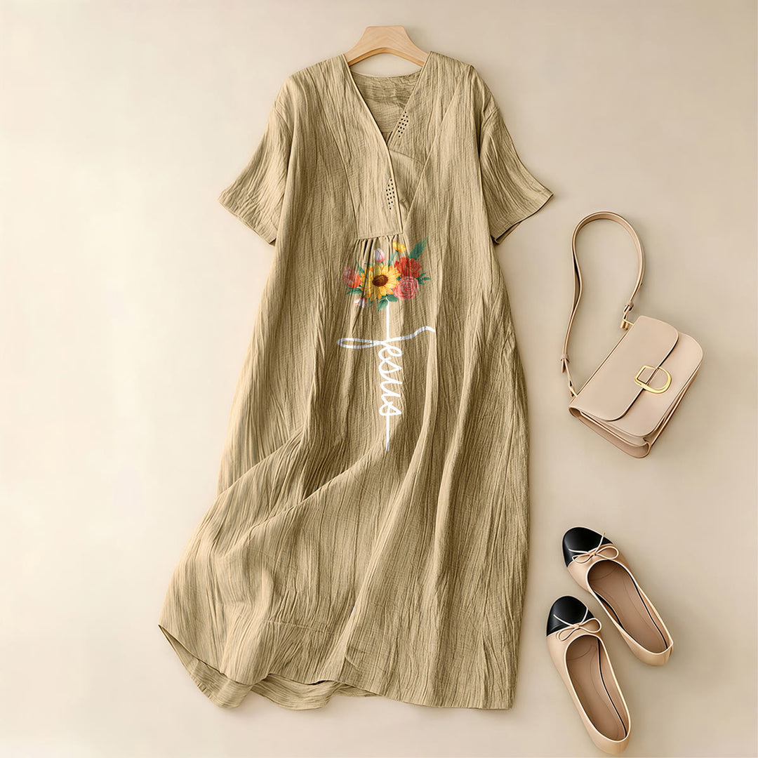 Christianartworkshop Jesus Script Cross & Sunflower Floral V-Neck Short Sleeve Midi Dress - image 11