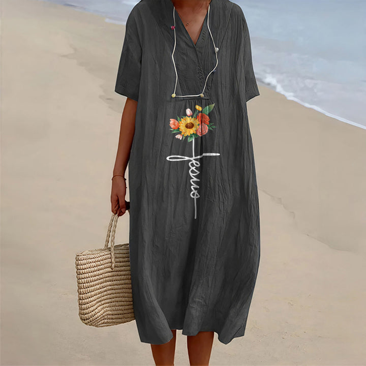Christianartworkshop Jesus Script Cross & Sunflower Floral V-Neck Short Sleeve Midi Dress - Black - 4XL - image 0