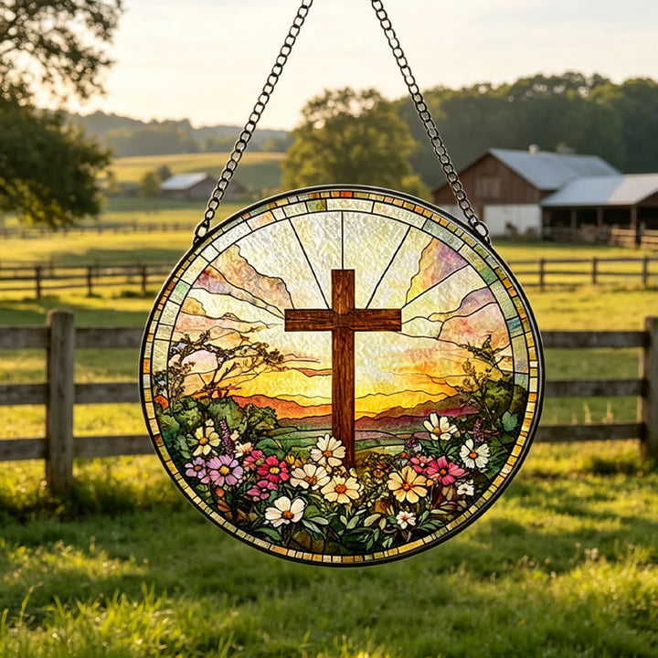 Christianartworkshop Round Stained Glass Cross Sunset Floral Suncatcher Window Hanging: A Symbol of Divine Warmth & Blessing - image 3