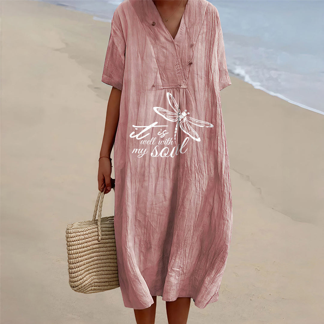 Christianartworkshop Summer Beach Faith Verse Dragonfly V-Neck Short Sleeve Midi Dress - Pink - 4XL - image 12