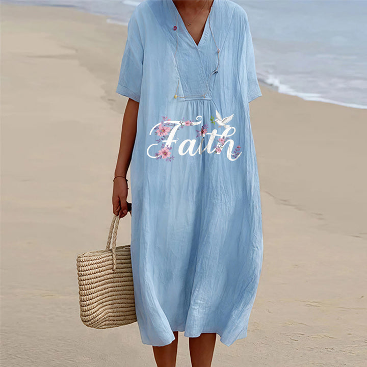 Christianartworkshop Faith Script White Dove & Blossom Print V-Neck Beach Midi Dress - image 10