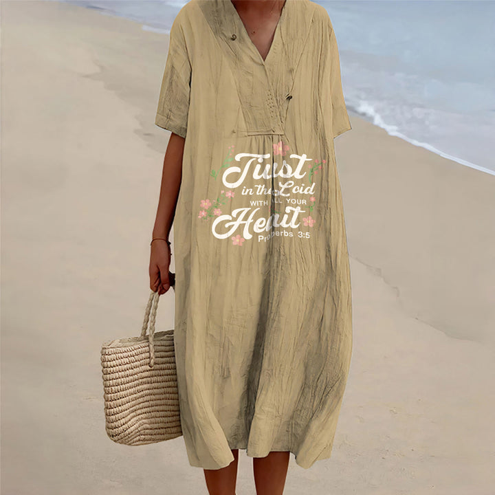 Christianartworkshop Trust In The Lord With All Your Heart Proverbs 3:5 Floral V-Neck Midi Dress - Khaki - 4XL - image 15