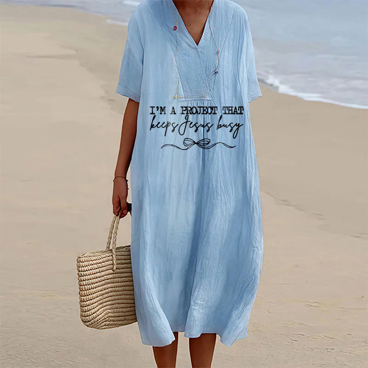 Christianartworkshop "I'm A Project That Keeps Jesus Busy" Bow Detail V-Neck Short Sleeve Midi Dress - Blue - 4XL - image 0