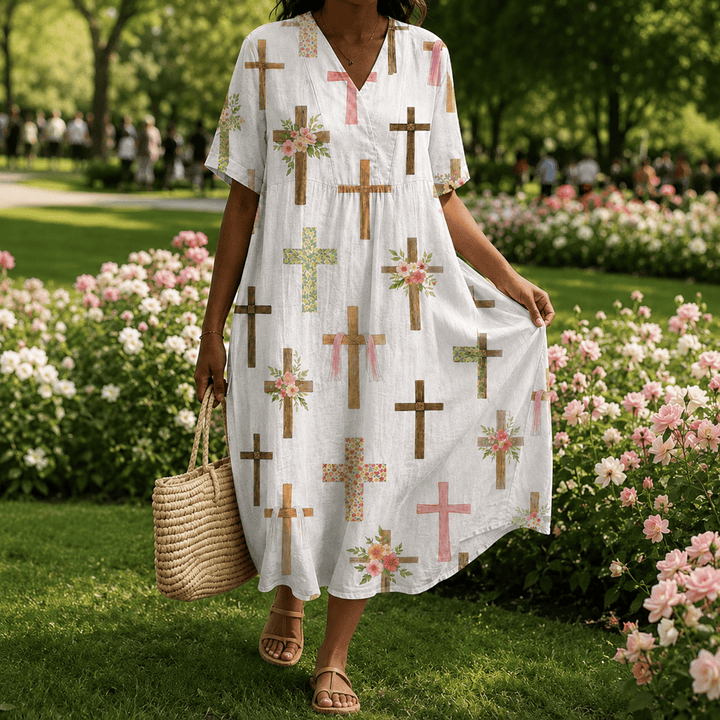 Christianartworkshop Floral Cross Print V-Neck Short Sleeve Midi Dress - 4XL - image 0