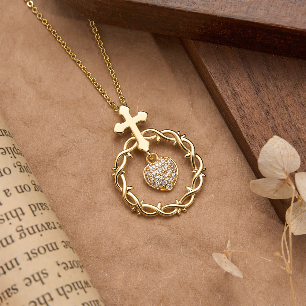 Christianartworkshop Pavé Zircon Cross with Thorn Wreath & Heart-Cut Gem Pendant Necklace: A Symbol of Sacred Redeeming Love - image 5