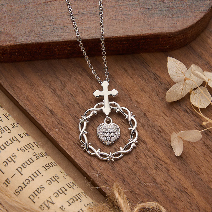Christianartworkshop Pavé Zircon Cross with Thorn Wreath & Heart-Cut Gem Pendant Necklace: A Symbol of Sacred Redeeming Love - Silver Glossy Cross - image 8