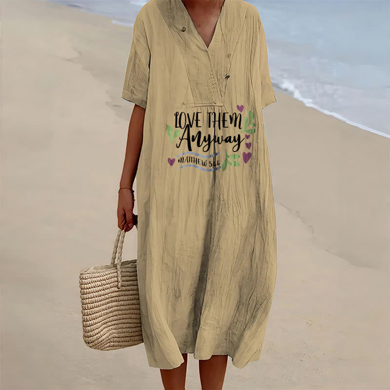 Christianartworkshop "Love Them Anyway" Matthew 5:44 Heart Leaf Print V-Neck Short Sleeve Midi Dress - Khaki - 4XL - image 15