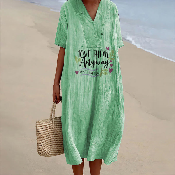 Christianartworkshop "Love Them Anyway" Matthew 5:44 Heart Leaf Print V-Neck Short Sleeve Midi Dress - Green - 4XL - image 9