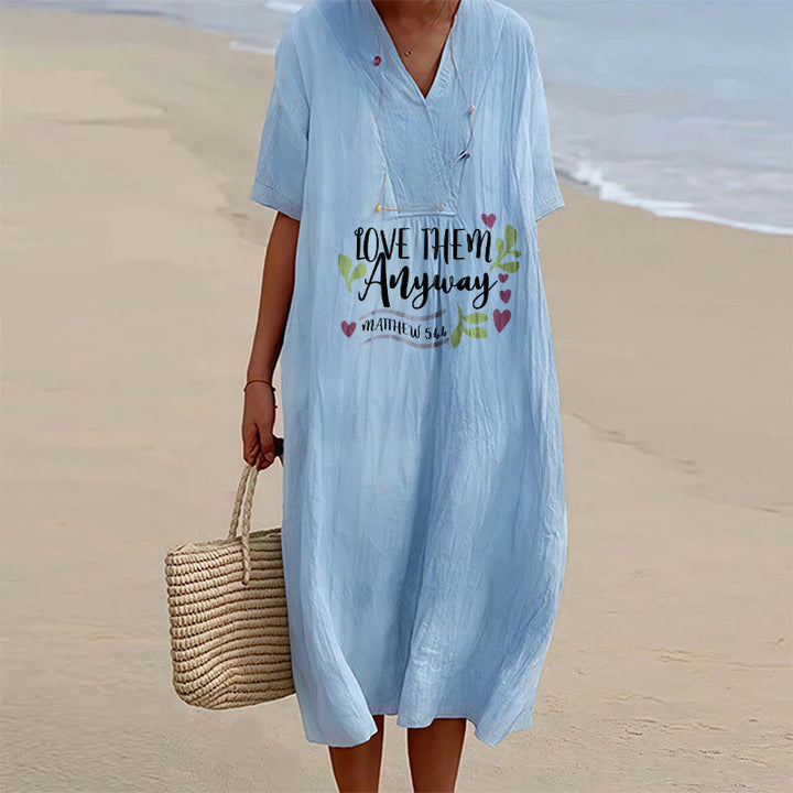 Christianartworkshop "Love Them Anyway" Matthew 5:44 Heart Leaf Print V-Neck Short Sleeve Midi Dress - Blue - 4XL - image 12
