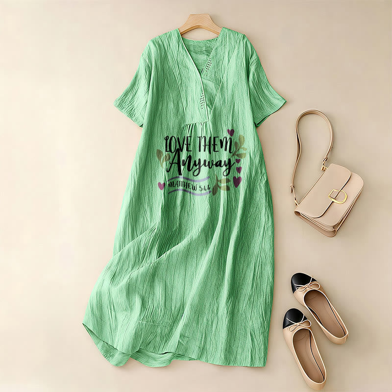Christianartworkshop "Love Them Anyway" Matthew 5:44 Heart Leaf Print V-Neck Short Sleeve Midi Dress - image 11