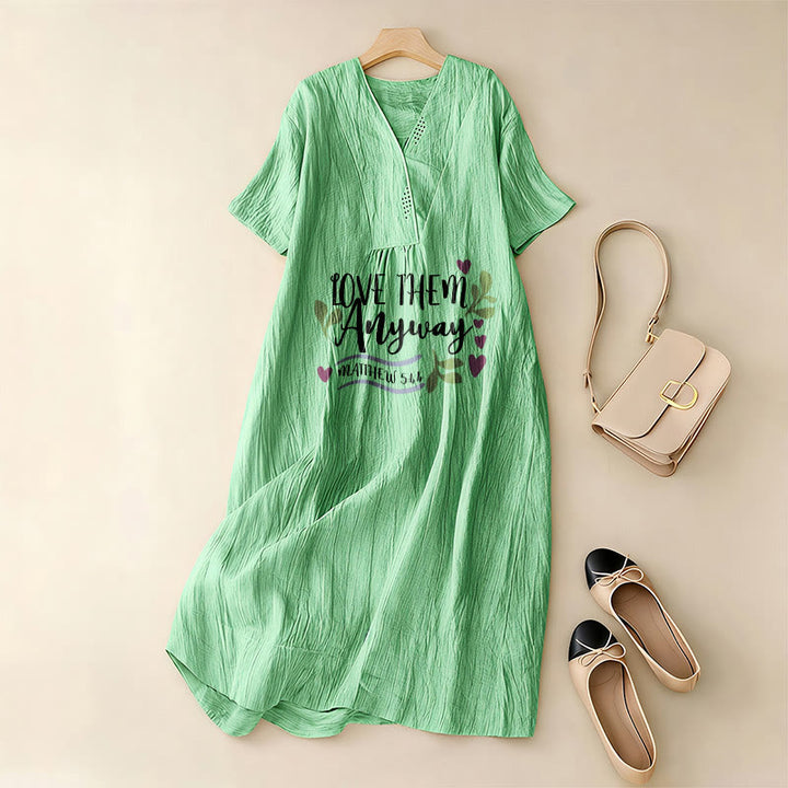 Christianartworkshop "Love Them Anyway" Matthew 5:44 Heart Leaf Print V-Neck Short Sleeve Midi Dress - image 11