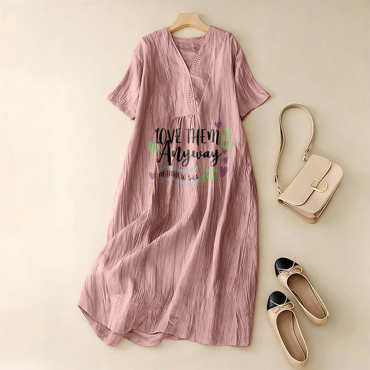 Christianartworkshop "Love Them Anyway" Matthew 5:44 Heart Leaf Print V-Neck Short Sleeve Midi Dress - image 8