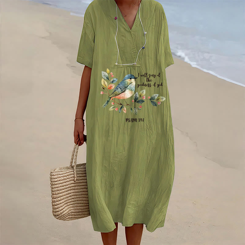 Christianartworkshop "I Will Sing Of The Goodness Of God" Psalm 89:1 Bird Branch Print V-Neck Short Sleeve Midi Dress - Olive Green - 4XL - image 6